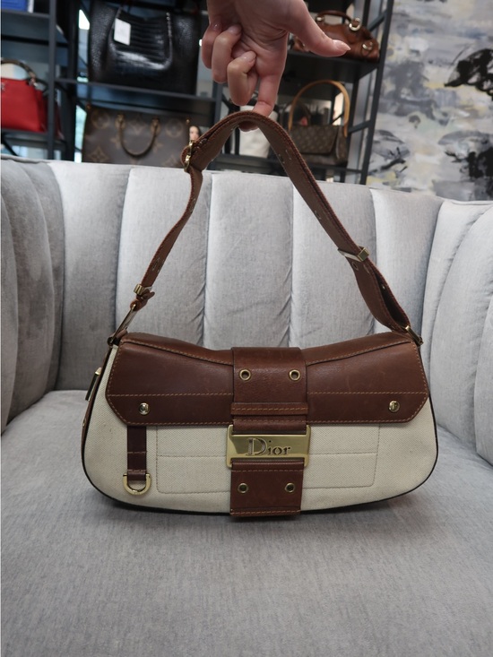 Dior Handbags - Dior Brown & Cream Canvas Shoulder Bag with Gold Hardware